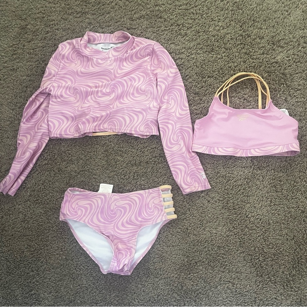 Reebok Kids Pink Swirl 3-Piece Swim Set - Rash Guard, Top & Bottom size 8